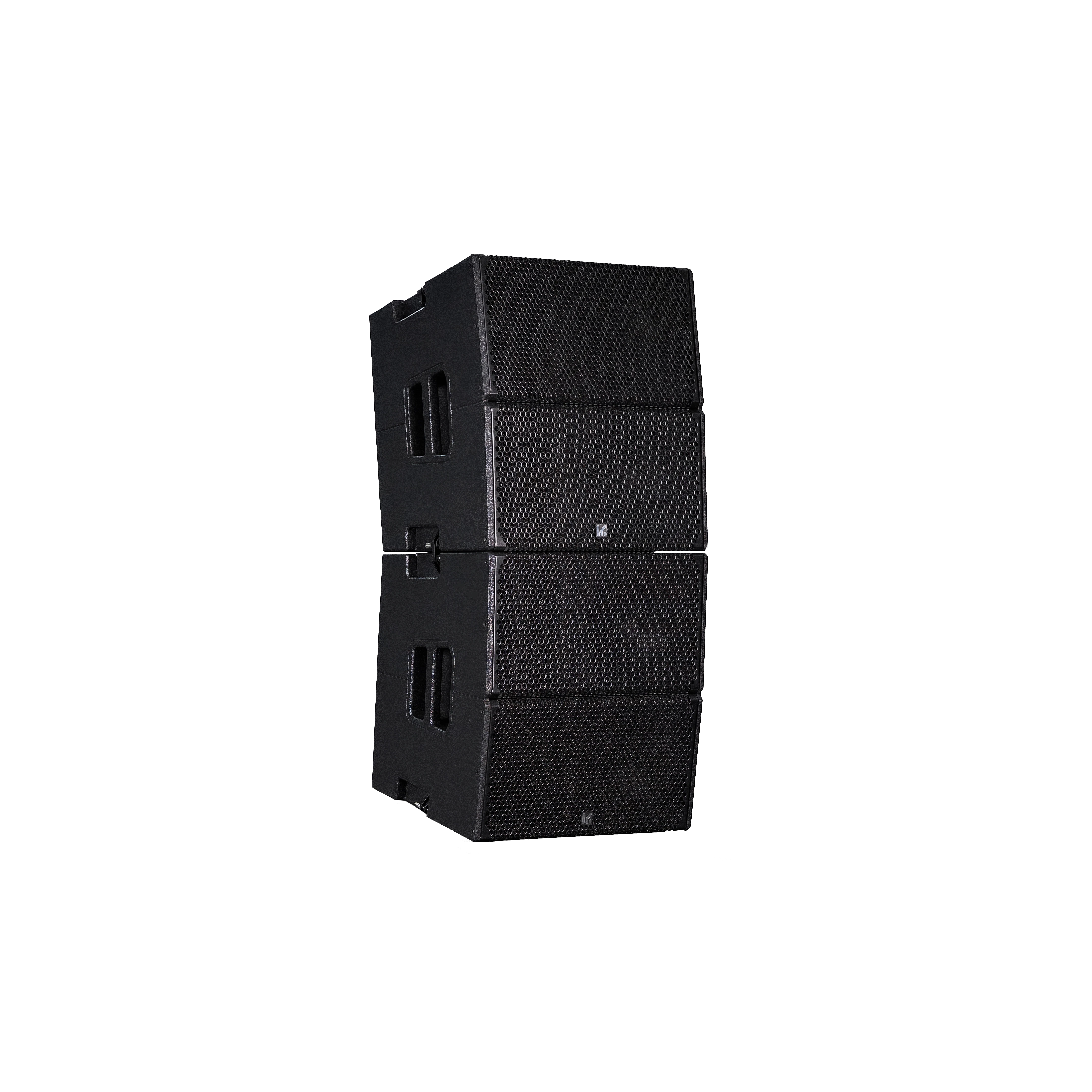 Pareja de módulos line array activos D2-P en vista de tres cuartos desde la izquierda