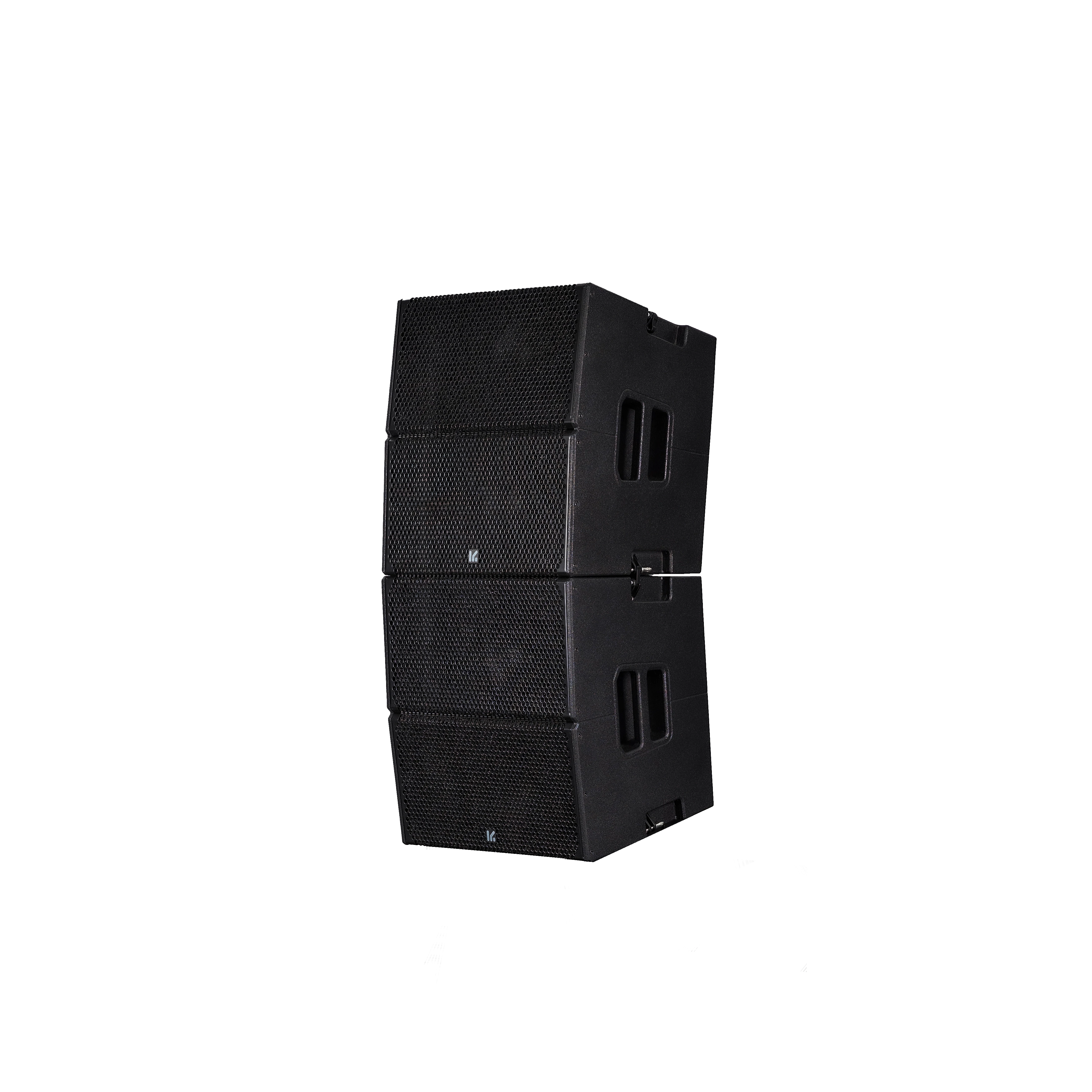 Pareja de módulos line array activos D2-P en vista de tres cuartos desde la derecha